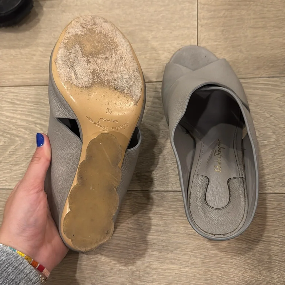 Salvatore Ferragamo Gray and Gold Mules with Sculptural Heel - Picture 5 of 9